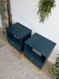 Modern Retro Style Pair of Matching Bedside Tables Painted Blue and Gold