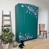 Vintage Wardrobe Armoire Painted Teal Green with Florals