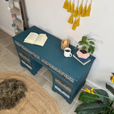 Vintage Desk / Dressing Table Painted Colourful Patterned Blue, Bohemian Style