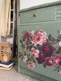Vintage Stag Small Chest Of Drawers Painted Green and Floral