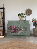 Vintage Stag Small Chest Of Drawers Painted Green and Floral