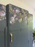 Vintage Armoire Wardrobe Painted Dark Grey and Floral
