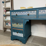 Vintage Desk / Dressing Table Painted Colourful Patterned Blue, Bohemian Style