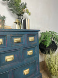 Vintage Industrial Apothecary Style Merchants Chest Of Drawers Painted Blue