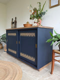 Freestanding Vintage Sliding Door Sideboard Painted Navy Blue and Gold