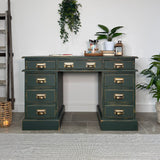 Solid Pine Dark Green Captains Desk - Vintage Industrial Style
