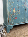 Vintage Cottage Style Console Cabinet / Sideboard painted in rustic chippy blue with birds and florals
