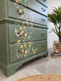 Tall Chest of Drawers Painted Rustic Dark Green with Birds and Floral Decor