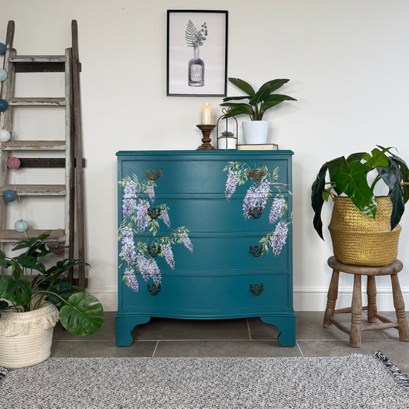 Vintage Bow Fronted Drawers Painted Teal and Floral