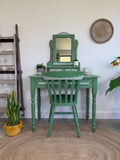 Boho Style Pine Dressing Table, Mirror and Chair Painted Green and Patterned