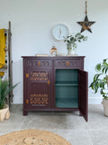 Vintage Carved Sideboard Painted Dark Plum Brown with Copper Detailing