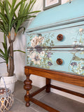 Vintage Oak Bureau Desk Painted Rustic Blue and Floral
