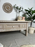 Boho Bone Inlay Style Pine Coffee Table, Painted in Neutral Tan and White Tones