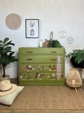 Retro MCM Style Chest Of Drawers Painted Green And Floral