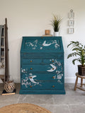 Solid Pine Bureau Desk Painted Rustic Teal with Floral Oriental Decor