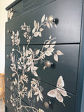 Stag Tallboy Dresser / Chest Of Drawers, Painted Dark Green And Floral
