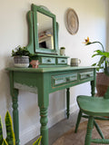 Boho Style Pine Dressing Table, Mirror and Chair Painted Green and Patterned