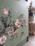 Vintage Stag Small Chest Of Drawers Painted Green and Floral