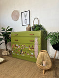 Retro MCM Style Chest Of Drawers Painted Green And Floral