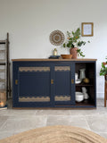 Freestanding Vintage Sliding Door Sideboard Painted Navy Blue and Gold