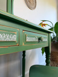 Boho Style Pine Dressing Table, Mirror and Chair Painted Green and Patterned