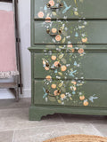Tall Chest of Drawers Painted Rustic Dark Green with Birds and Floral Decor