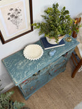 Vintage Cottage Style Console Cabinet / Sideboard painted in rustic chippy blue with birds and florals