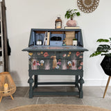Vintage Bureau Writing Desk Painted Dark Grey, Blue and Floral