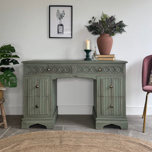 Vintage Rustic Carved Oak Desk, Painted in Farmhouse Green