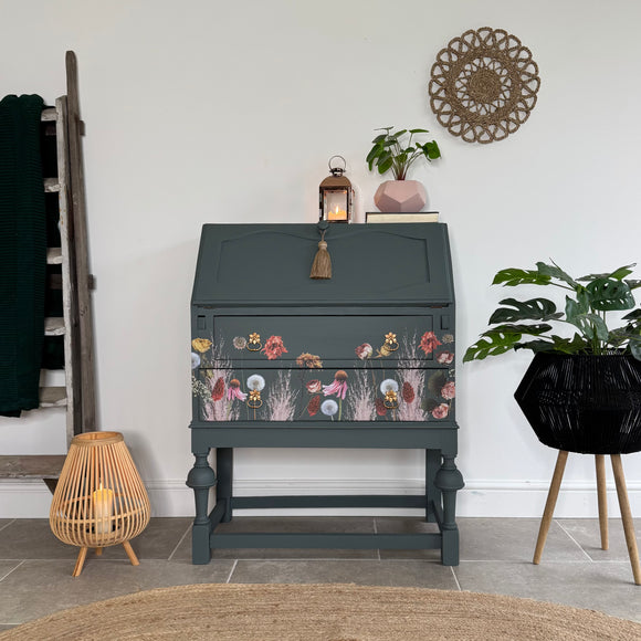 Vintage Bureau Writing Desk Painted Dark Grey, Blue and Floral