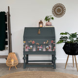 Vintage Bureau Writing Desk Painted Dark Grey, Blue and Floral