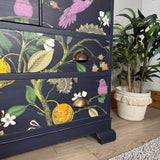 Vintage Linen Cupboard Painted Navy Blue with a Colourful Decoupaged Pattern