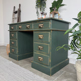 Solid Pine Dark Green Captains Desk - Vintage Industrial Style