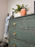 Dark Green Solid Pine Chest Of Drawers, Painted in Rustic Industrial Farmhouse Style