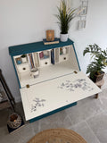 Solid Pine Bureau Desk Painted Rustic Teal with Floral Oriental Decor