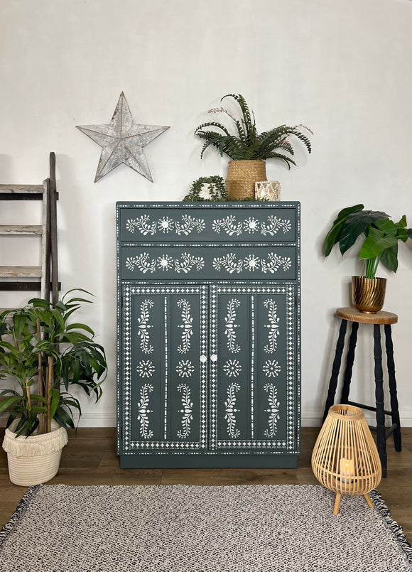 Vintage Linen Cupboard, Painted Grey and White Boho Style Pattern
