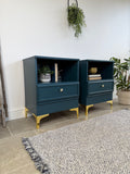 Modern Retro Style Pair of Matching Bedside Tables Painted Blue and Gold