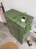 Tall Chest of Drawers Painted Rustic Dark Green with Birds and Floral Decor