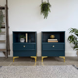Modern Retro Style Pair of Matching Bedside Tables Painted Blue and Gold