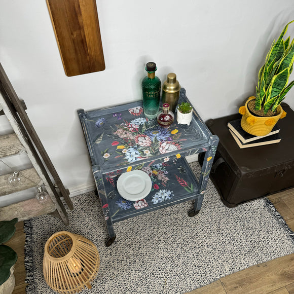 Vintage Bar Cart / Drinks Tea Trolley Painted Grey and Floral