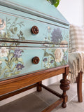 Vintage Oak Bureau Desk Painted Rustic Blue and Floral