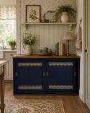 Freestanding Vintage Sliding Door Sideboard Painted Navy Blue and Gold
