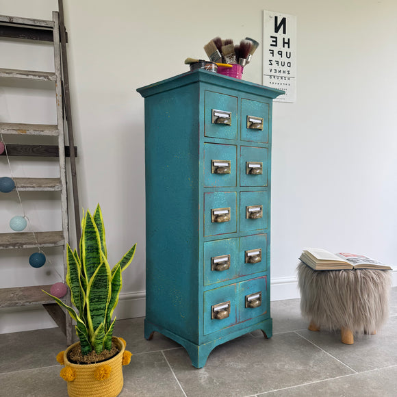Colourful Blue Vintage Industrial Apothecary Style Wooden Chest of Drawers