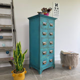 Colourful Blue Vintage Industrial Apothecary Style Wooden Chest of Drawers