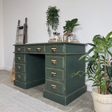 Solid Pine Dark Green Captains Desk - Vintage Industrial Style