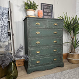 Dark Green Solid Pine Chest Of Drawers, Painted in Rustic Industrial Farmhouse Style