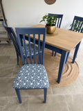 4 Seater Rustic Dining Table and Chairs Painted Blue with Patterned Fabric Cushioned Seats