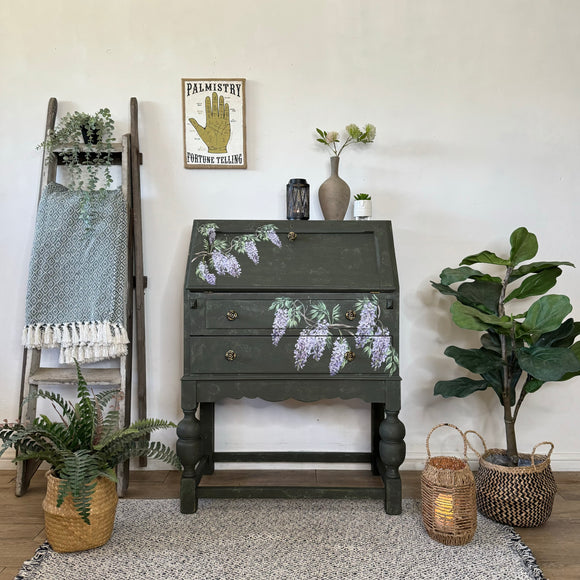Vintage Bureau / Writing Desk painted Dark Green and Floral