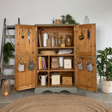 Solid Pine Larder / Pantry / Linen Freestanding Cupboard Painted Green and Botanical