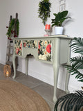 Pretty Light Green and Colourful Floral Console Table with Cupboards and Drawer
